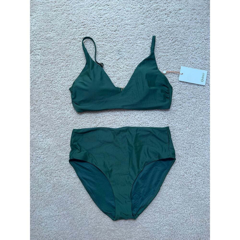 NEW Quince Palm Green Italian Bikini Set Swimsuit Plunge V Top Sz M Bottoms Sz S